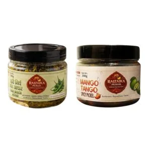RAJZAIKA PICKLES Hari Mirch (Green Chilli) Pickle & Mango Tango Pickle Combo | Authentic Rajasthani Achar | Spicy Chilli & Khatta Meetha Aam Pickle | Tangy & Spicy | No Preservatives (300g Each)